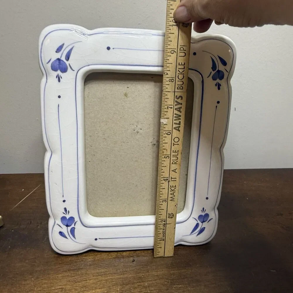 Vintage Blue White Floral Ceramic Freestanding Photo Frame 5x7 Some Crazing